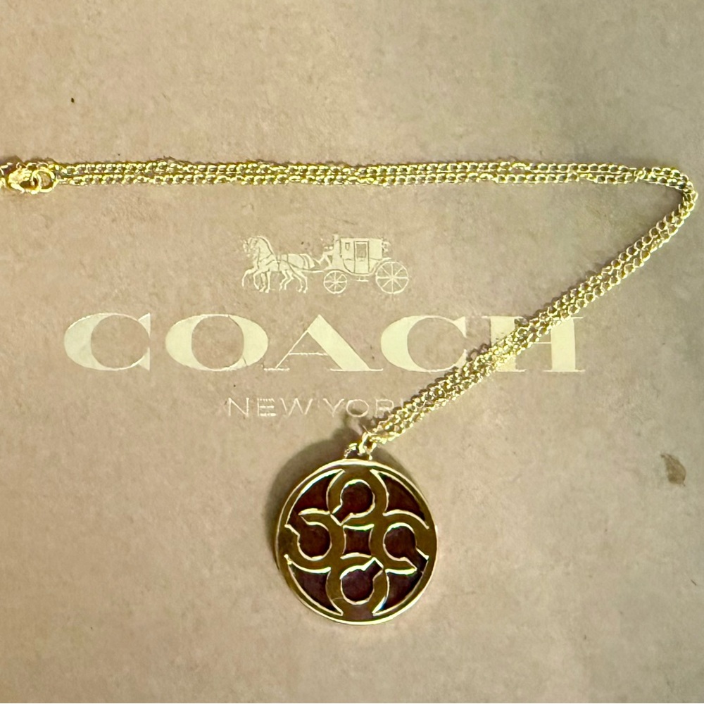 Coach Large Signature C Wood Inlay Pendant 18k/.925 Necklace - Picture 6 of 9